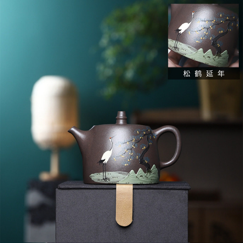 松鹤延年汉铎壶宜兴原矿天青泥泥紫砂壶全手工泡茶壶家用直播供货