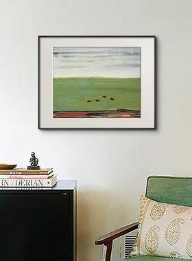 常玉中古风客厅装饰画植物花卉餐厅餐边柜摆画枯树双马绿色系摆画