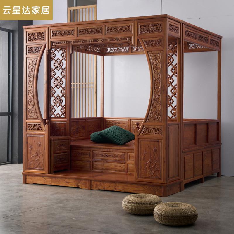 仿古实木拔步床踏步床中式家具两米双人床踏板式古典穿雕花架子床