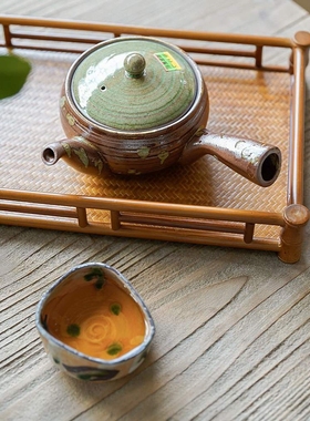 伊万里陶芸/有田烧/烧缔橄榄绿色釉侧把丸形急须茶壶