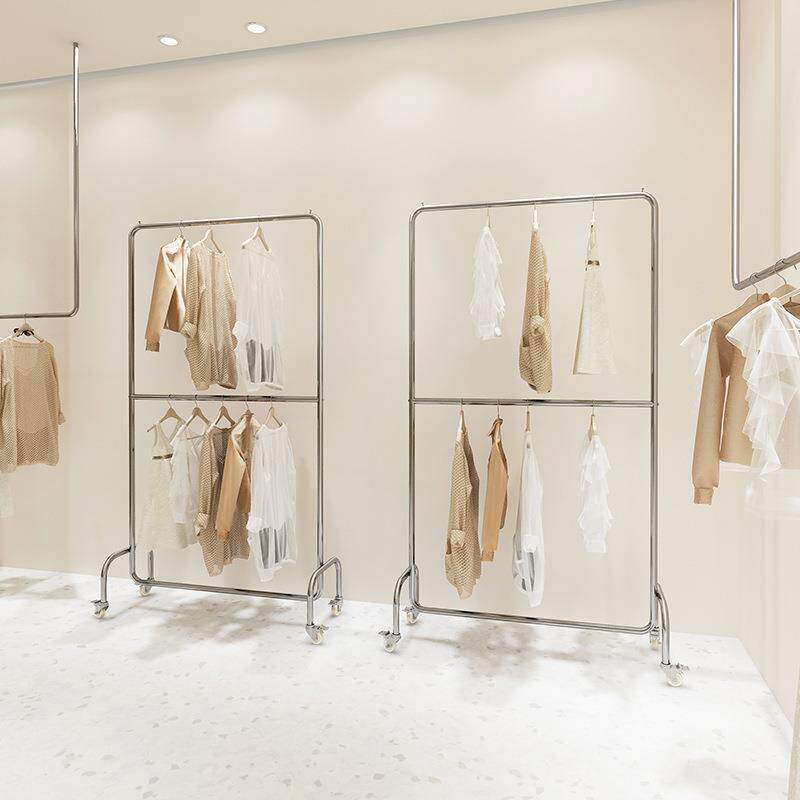 服装店不锈钢拉丝展示架落地式双层可调节挂衣杆带轮货架加厚