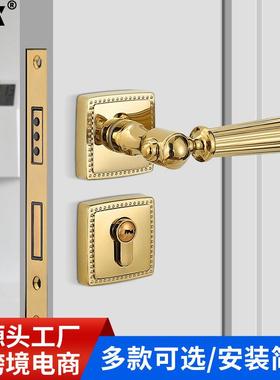 美式黑色门锁分体锁轻奢室内北欧式亮金PVD房门锁卧室静音磁吸锁