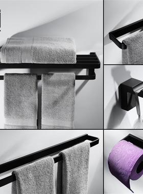 HIDEEP黑色挂件五件套铜黑色扁款浴巾架毛巾环浴室挂件套装