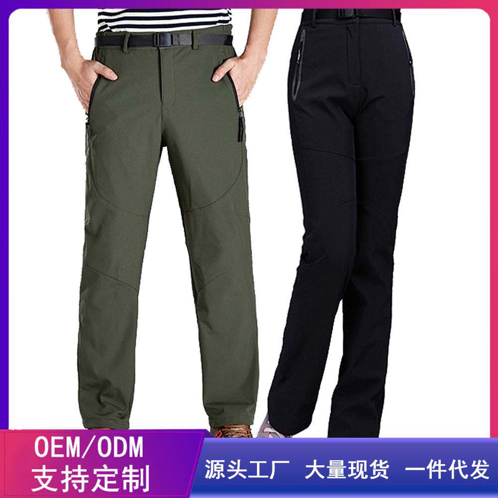 秋冬户外冲锋裤男抓绒登山裤加厚保暖软壳裤女防水滑雪裤