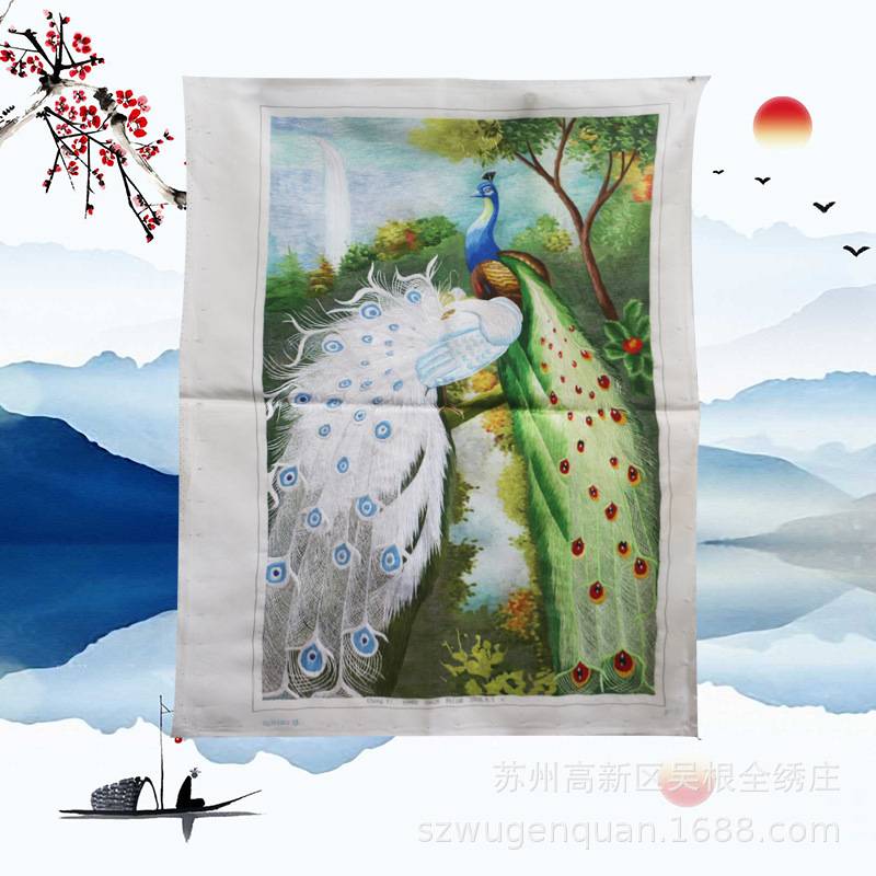 苏州刺绣客厅书房宾馆装饰画手工苏绣未装裱熊猫孔雀厂家生产图片