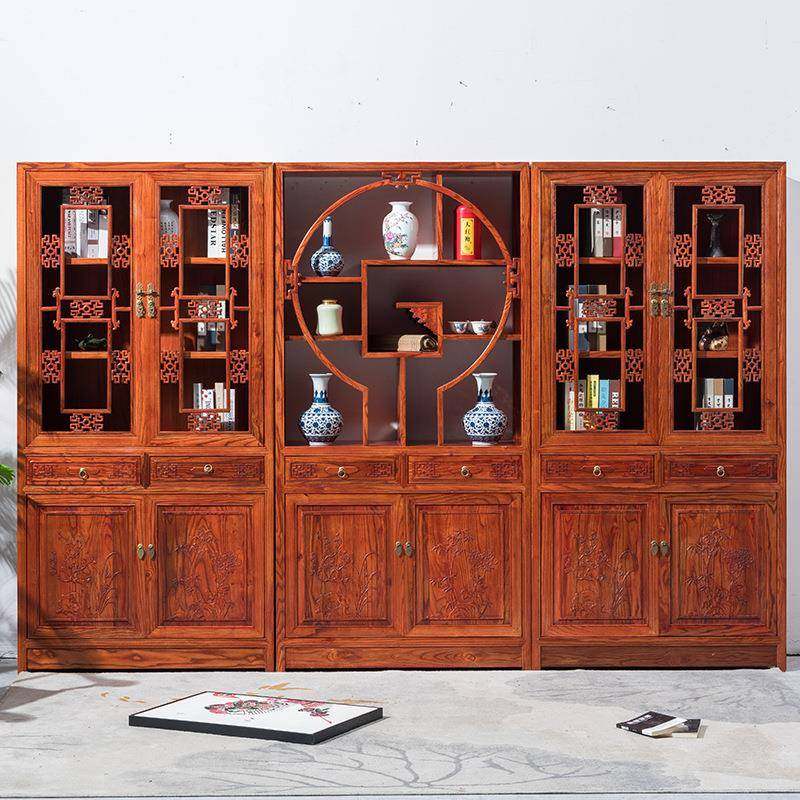 985全三实木组合书柜中花式书橱展示柜雕物储柜榆木书架陈列架置,住宅家具,书架,淘宝优惠券,粉丝福利购,淘宝优惠卷