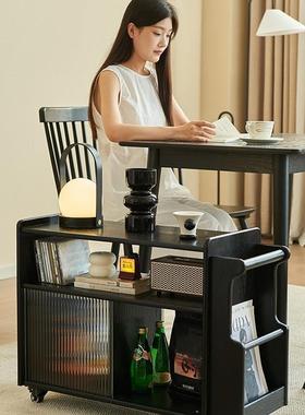 厅实木边985几小茶几移动客小沙发侧边柜可家用黑色推车储物柜置