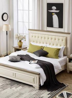 MT平头软美式储乡村复古实双木轻奢主卧人床现代简约白色雕主花复