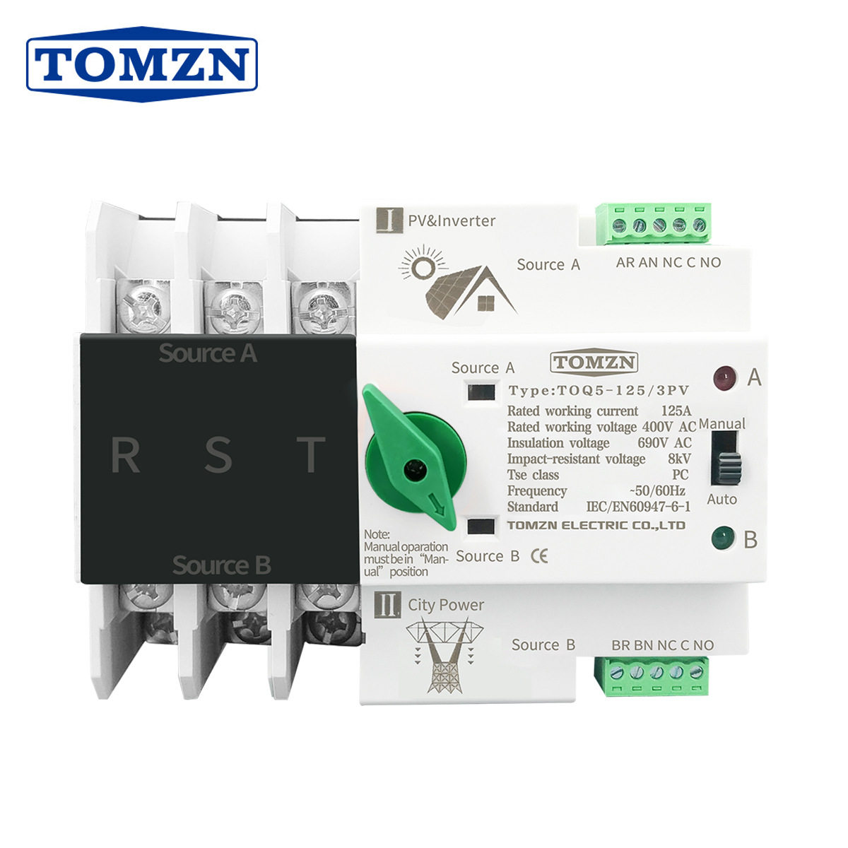 TOMZN TOQ5系列自动双电源转换开关 3P光伏 63A 100A 125A 220V