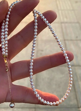 日本Akoya海水珍珠项链天女级18K金扣小米链baby珠锁骨链灯泡彩凛