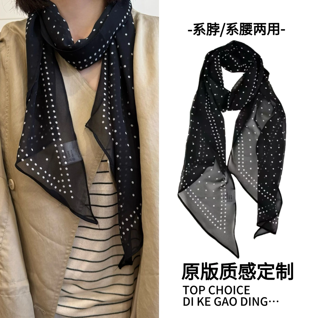 新款春夏薄款丝巾法式波点山茶花轻薄气质时尚系脖系腰两用百搭