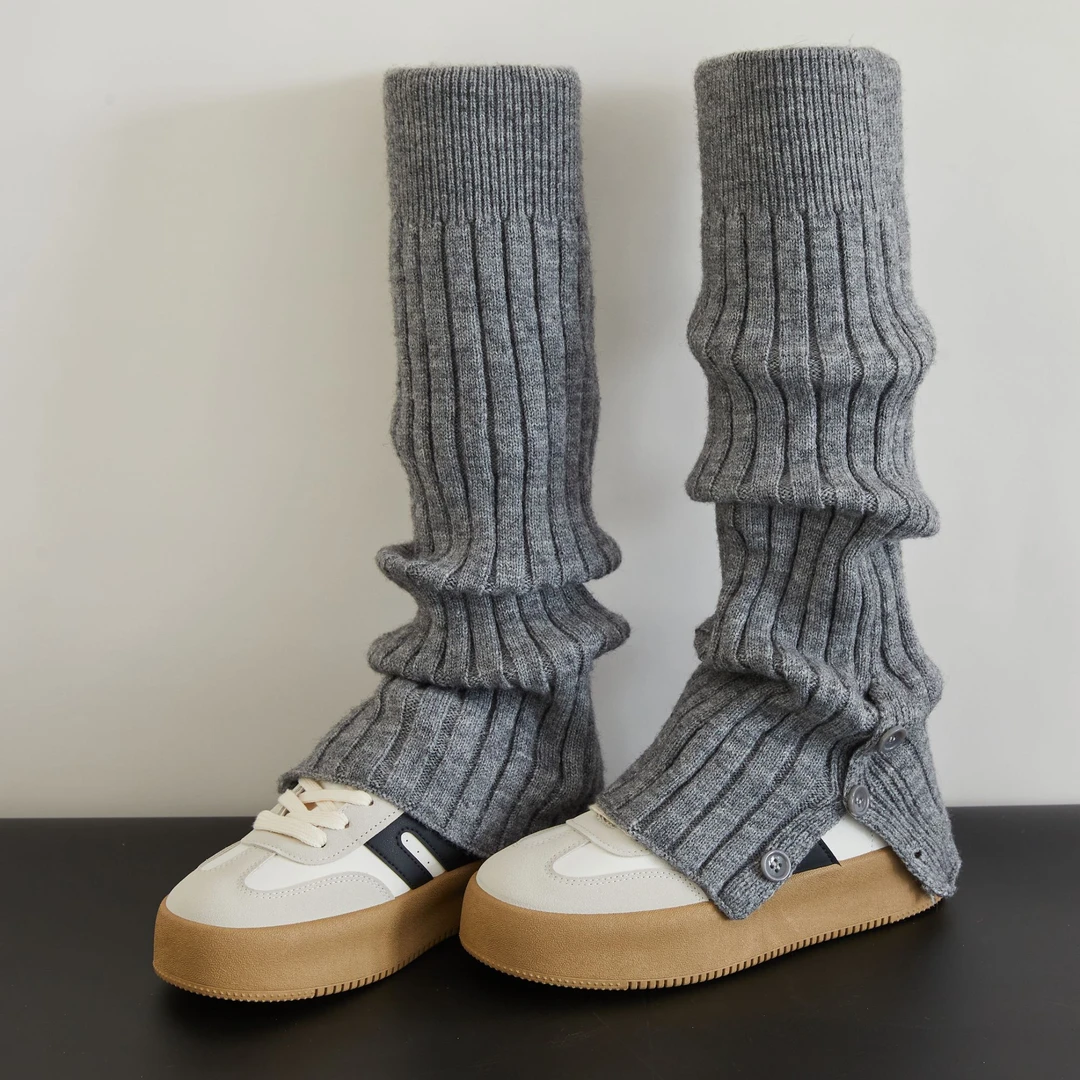 秋冬黑中筒针织竖条开叉保暖袜套