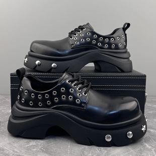 黑色皮鞋 男2025秋季 新款 复古厚底高级感朋克风机车铆钉大头德比鞋