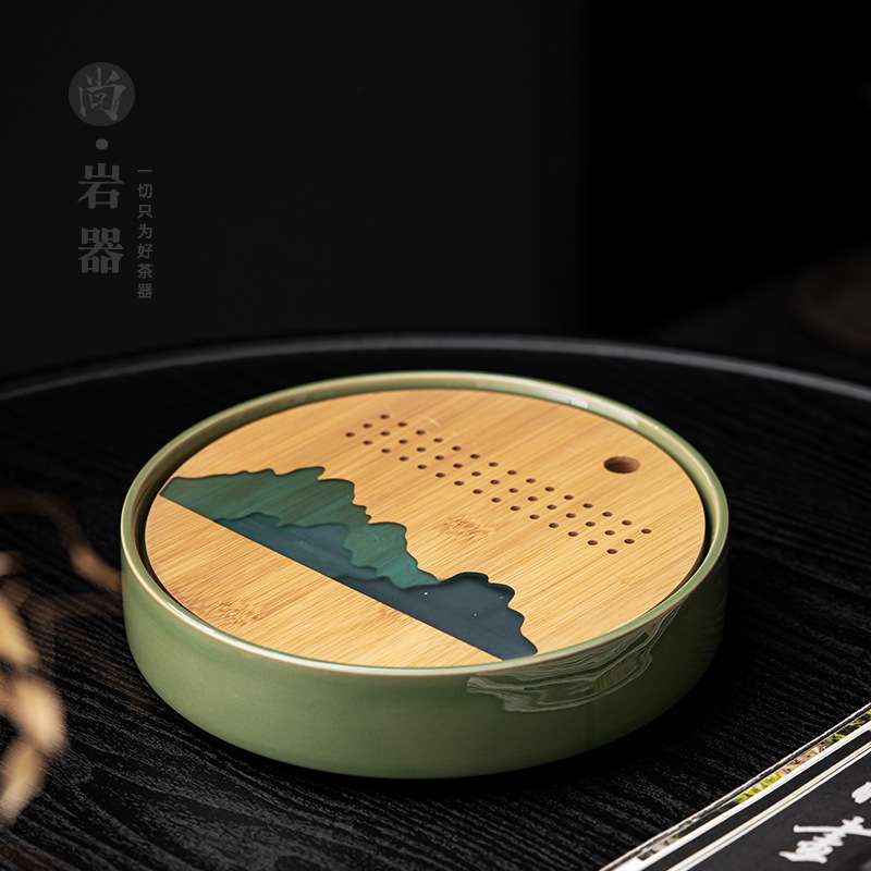 日式储水式陶瓷茶盘家用小型干泡盘茶台简约圆形竹制茶具托盘茶托