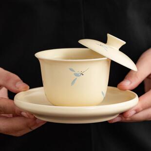 米黄釉手绘兰花盖碗单个高档二才三才茶碗大容量陶瓷家用泡茶茶具