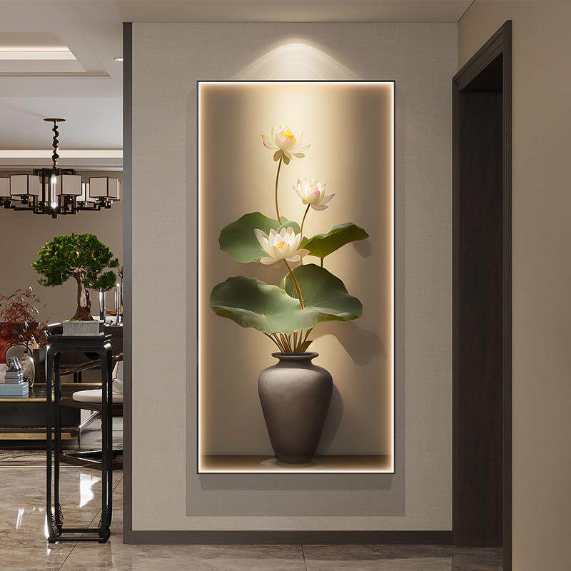 新中式入户玄关装饰画光影荷叶莲花led灯光画正对门走廊过道壁画