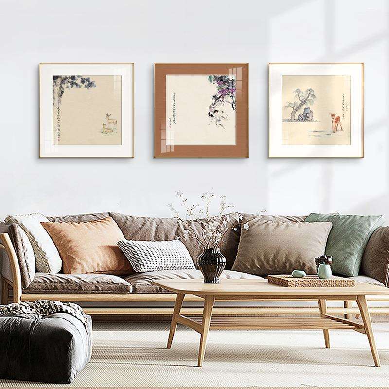 鹿鸣新中式客厅装饰画正方形三联动物水果风景挂画餐厅过道壁画