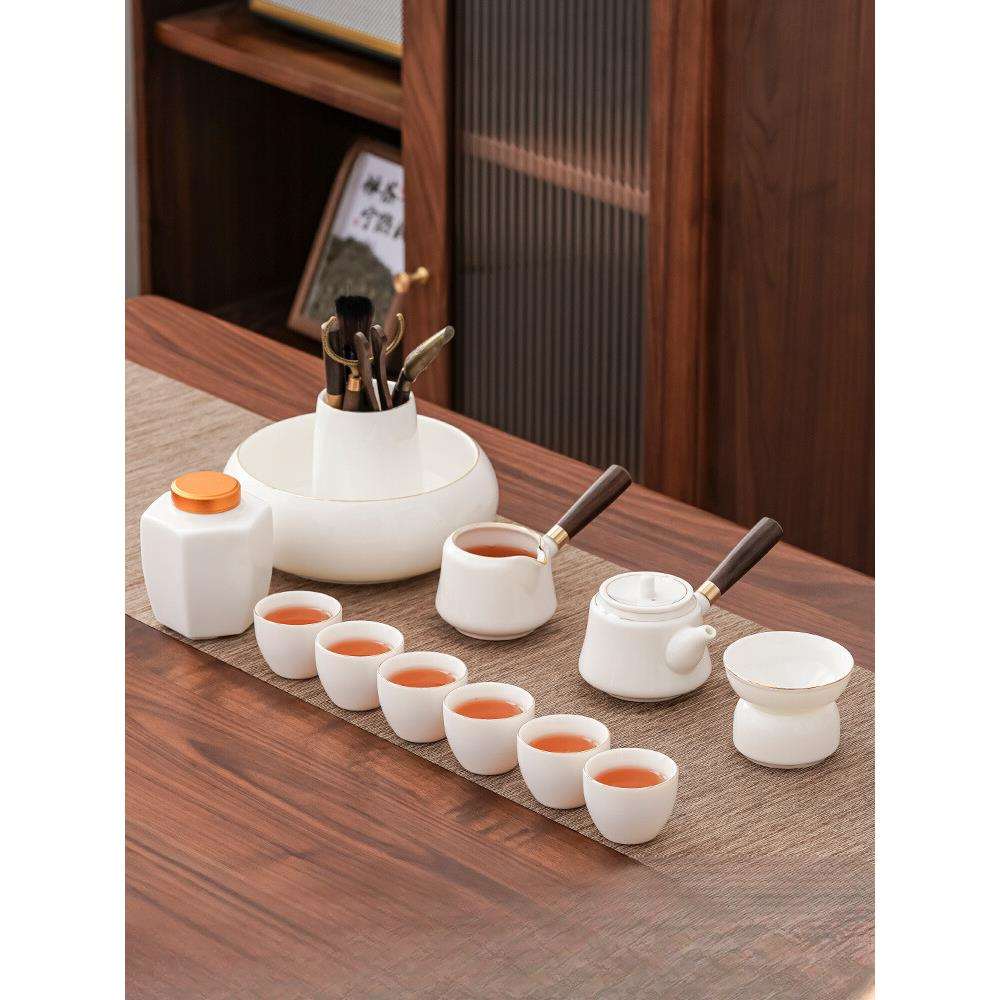 茶具套装2024新款羊脂玉白瓷侧把家用办公轻奢功夫泡茶壶