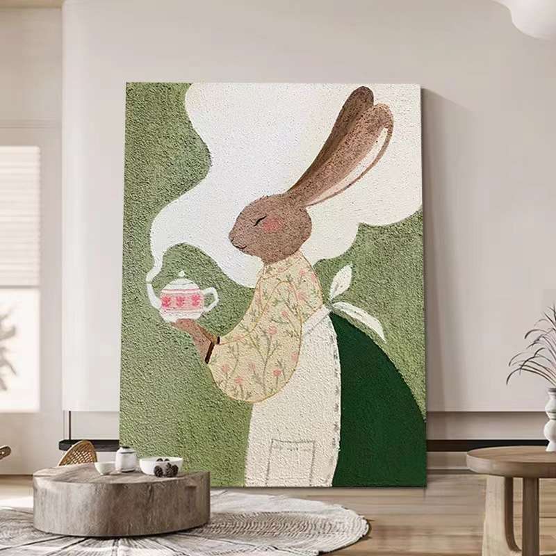 纯手绘卡通白狐装饰画儿童抽象动物油画简约现代挂画公主房间壁画图片