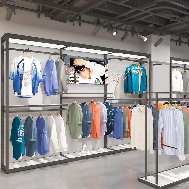 网红店带灯双层高端男装店货架装修展柜服装店展示架落地式挂衣架
