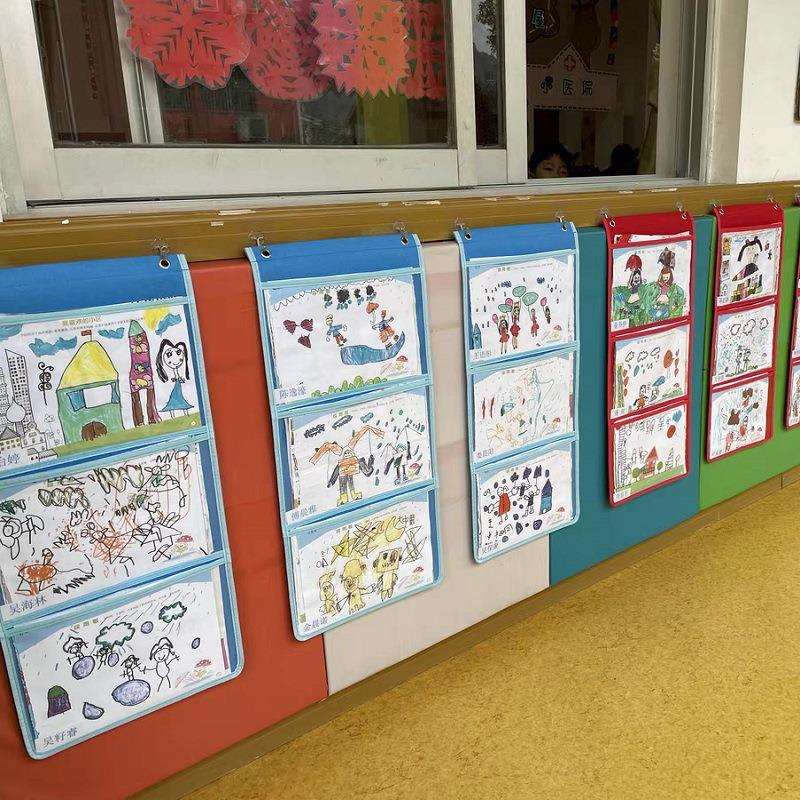 书幼儿园作品展示挂袋绘画美术作品收纳袋透明图书绘本墙挂式