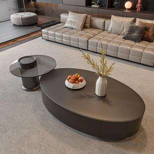 意式极简椭圆形茶几组合轻奢黑色岩板茶桌客厅家用现代简约小户型