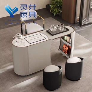 移动现代实木马鞍皮茶台茶几可伸缩推拉茶边几烧水壶茶水柜一体