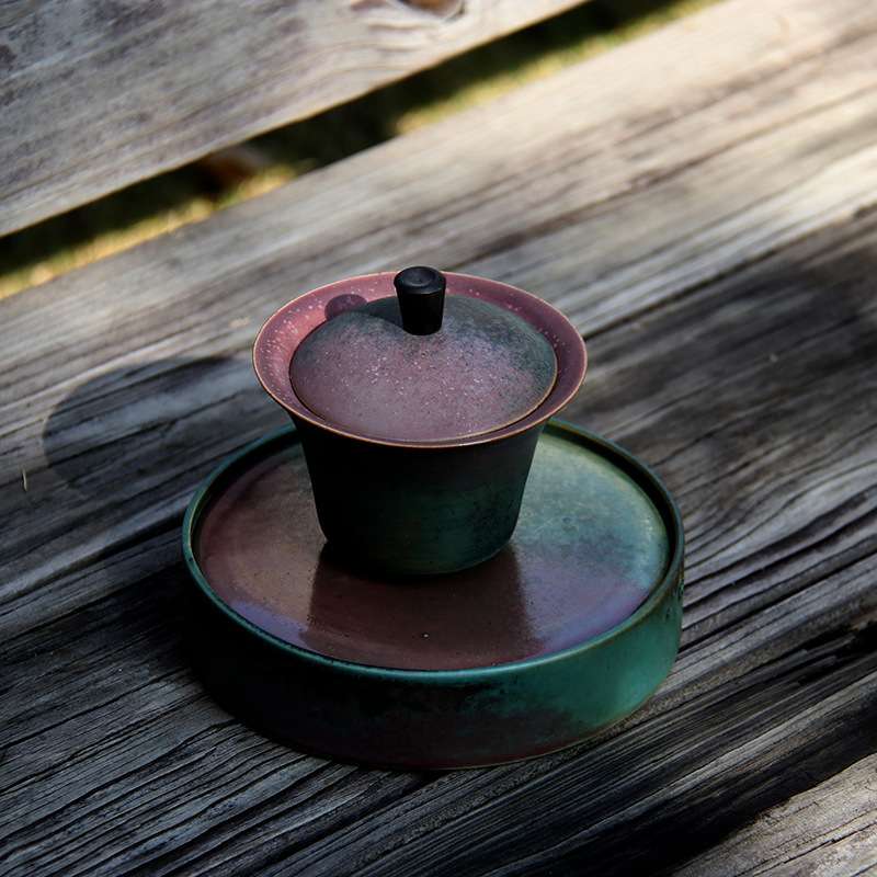 粗陶银斑焕彩复古青花木提乐陶壶承盖碗敬茶杯三才杯茶备陶瓷茶碗