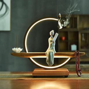 新中式USB灯饰倒流香陶瓷摆件创意家用客厅玄关桌面家居装饰摆设