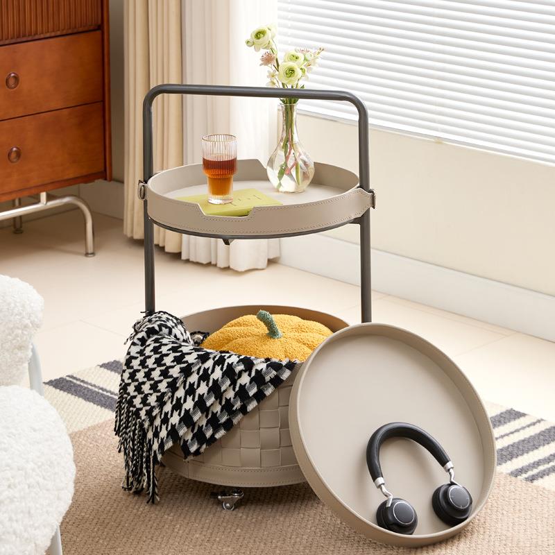 意式现代可移动小推车轻奢马鞍皮移动沙发边几茶几客厅带轮角几