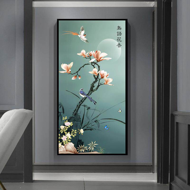 鸟语花香十字绣2024新款线绣客厅小幅竖版玄关自己绣手工小件满绣