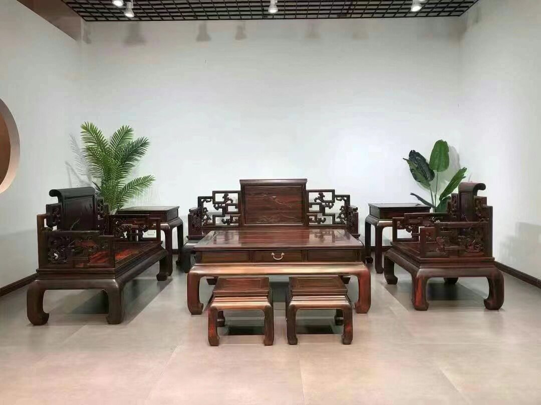 老挝大红酸枝交趾黄檀花鸟卷书沙发宝座八件套