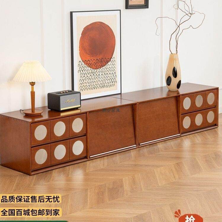 复古实木组合电视柜收纳储物柜一体法式落地客厅家用设计师款地柜