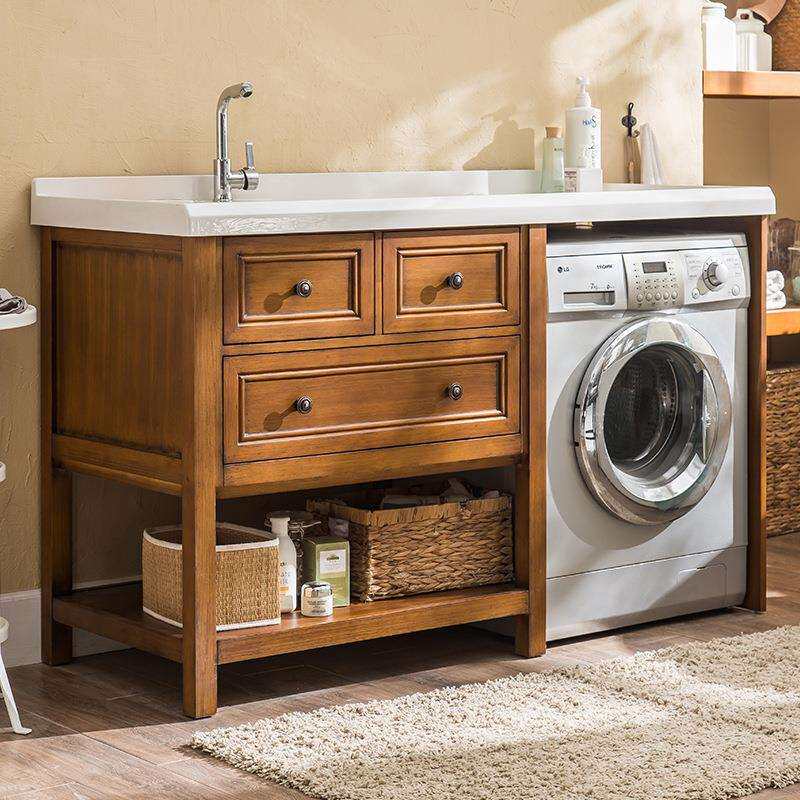 美式落地洗衣柜组合阳台洗衣机柜池浴室面脸盆带搓衣板橡实木浴室
