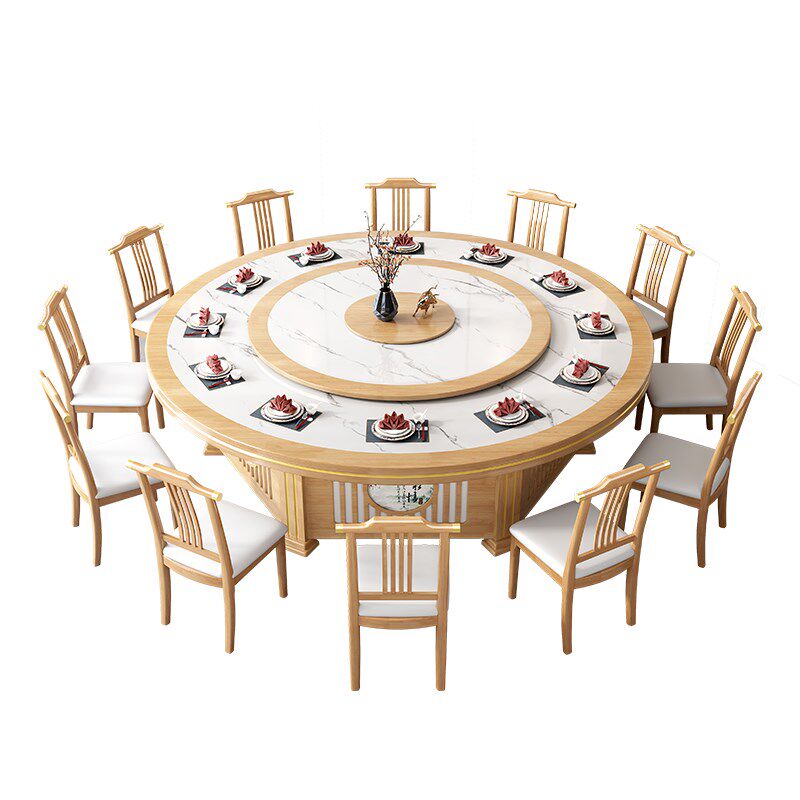 酒店电动转盘餐桌5人2人大圆桌饭店包厢岩板实木电磁炉桌子