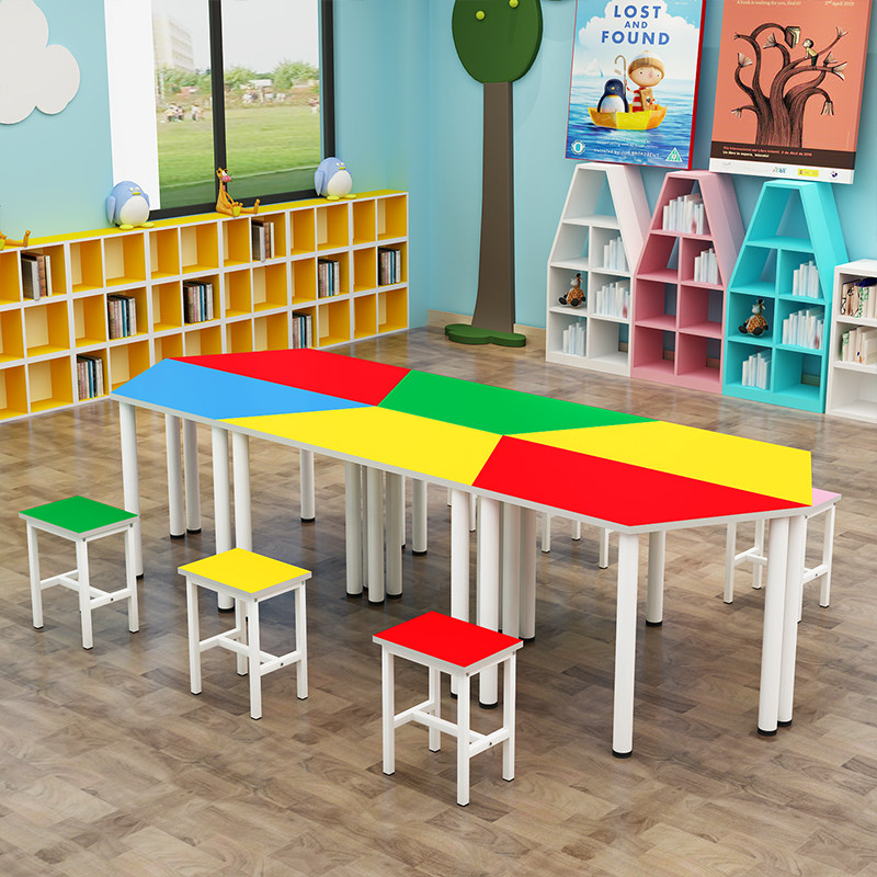 学生辅导培训课桌椅彩色梯形桌多边形六角拼接桌少儿美术绘画桌椅