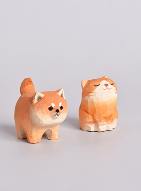 木雕治愈系柴犬小秋田犬公仔爱办公室女猫咪小动物桌面