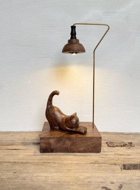 木雕小猫咪木质小夜灯家居店内装饰品桌面创意礼品奶油风