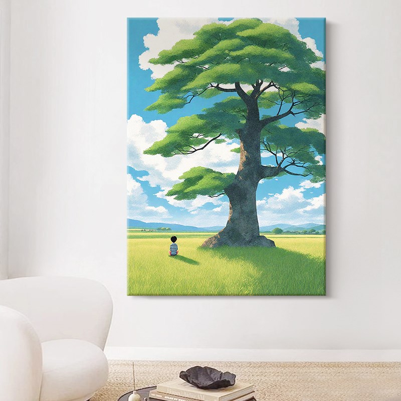 客厅参天大树装饰壁画卡通治愈系纯手绘油画玄关草原蓝天白云挂画图片