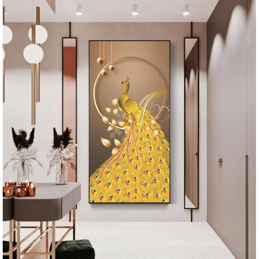 现代轻奢玄关LED灯带装饰画孔雀呈祥好寓意走廊过道壁画入户挂画图片