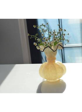 中古奶QL31A南玉黄色手芬顿风法式瓜珠花瓶工琉璃玻璃家插花器软