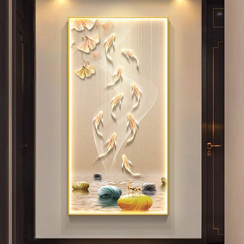 九鱼图玄关装饰画入户门轻奢壁画灯现代客厅走廊过道寓意挂画图片