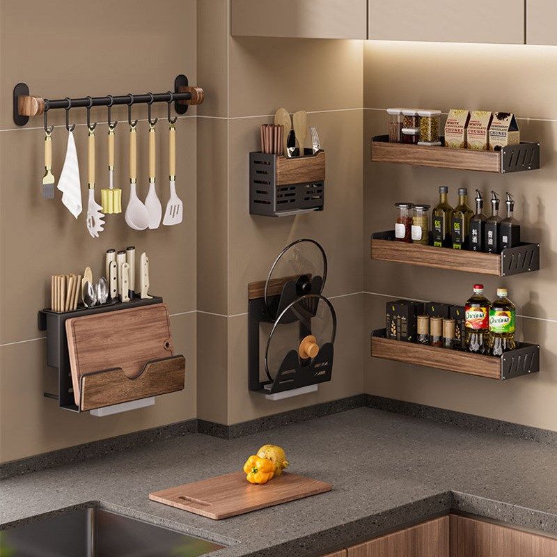 胡桃木厨房置物架多层调味罐架中C古风免打孔壁挂锅盖刀筷勺收纳,厨房/烹饪用具,抹布架/厨房清洁收纳架,淘宝优惠券,粉丝福利购,淘宝优惠卷