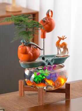 中式流水生财金鱼缸摆循环水造装饰客厅办NOK公室景桌面财水招族