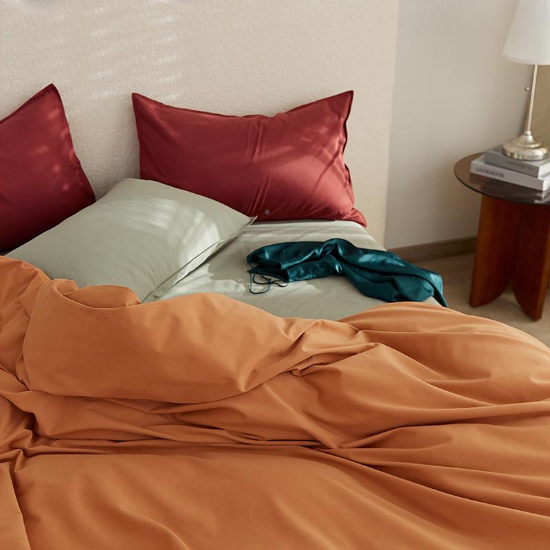 100加支长绒棉磨毛床四件套秋冬厚全棉磨毛色纯撞色单床笠款EL-00