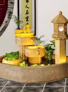 田园日式砂岩阳景EXE台饰微观鱼装流水大摆件门厅庭院假山池造景