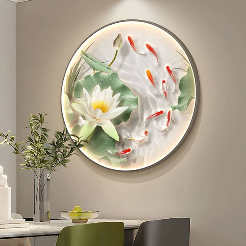 现代简约九鱼图玄关装饰画客厅入户门荷花壁灯画走廊过道高档挂画图片