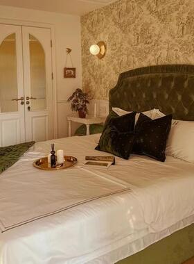 法式复古布艺床美式床轻奢OGS主卧双人端绿色高绒公主床拉丝扣婚