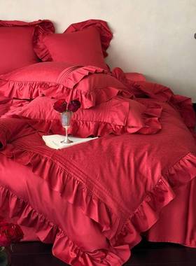 浪漫玫DAF瑰提婚花澳棉庆四纯件套棉红色结喜被婚花边被套床上用