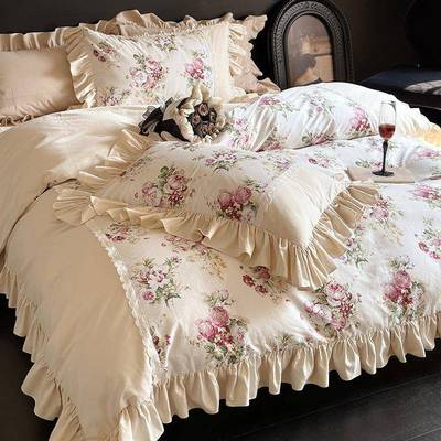 法式复花秋古小yqyysl四碎花贡缎长绒棉全棉磨毛件套边公主风冬纯